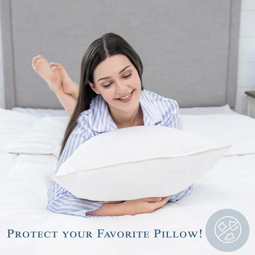 Vista 4 de 100% algodón, a prueba de plumas, protector de almohada, reduce los golpes con fundas hipoalergénicas, transpirables, lavables a máquina