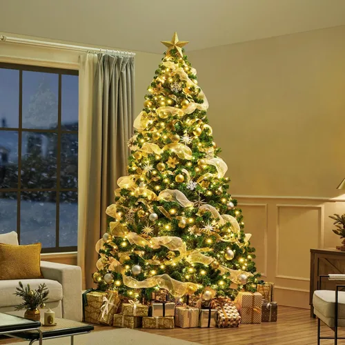 Vista 7 de Yaheetech - Árbol artificial de Navidad preiluminado de 9 pies con luces incandescentes de color blanco cálido, árbol de Navidad preiluminado Verde