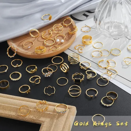 Vista 5 de IFKM Juego de 51 anillos dorados para nudillos para mujeres y niñas, vintage, apilables, anillos midi, delicados, circonita cúbica, cristal, simple