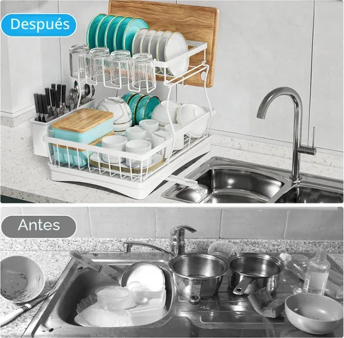 Vista 5 de 7 code - Escurridor grande de platos, escurridor de 2 niveles para mostrador de cocina, organizador desmontable de escurridor de platos de gran
