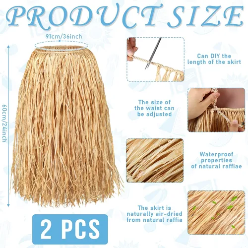 Vista 2 de Giegxin Faldas de hierba de rafia natural, falda tropical Luau Hula para adultos, mujeres y hombres, falda hawaiana para fiesta, disfraz de playa