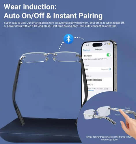 Vista 7 de Lentes inteligentes, lentes fotocromáticos Bluetooth sin montura con altavoz y micrófono de sonido HD de oreja abierta, protección UV400, control