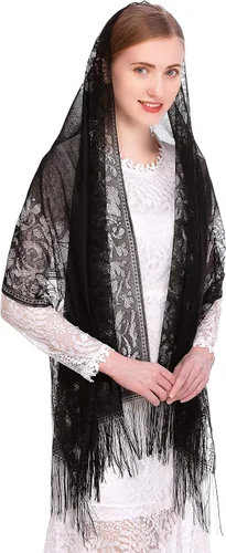 Vista 4 de PAMOR Bufanda de velo de capilla, velos de mantilla, chal rectangular con ribete de flecos