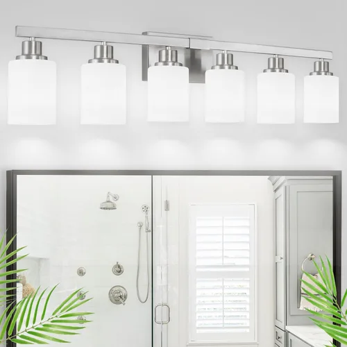 Vista 31 de Juego de 2 apliques de pared para baño, 1 luz negra, apliques de pared modernos para interiores con pantallas de vidrio blanco, lámpara de pared
