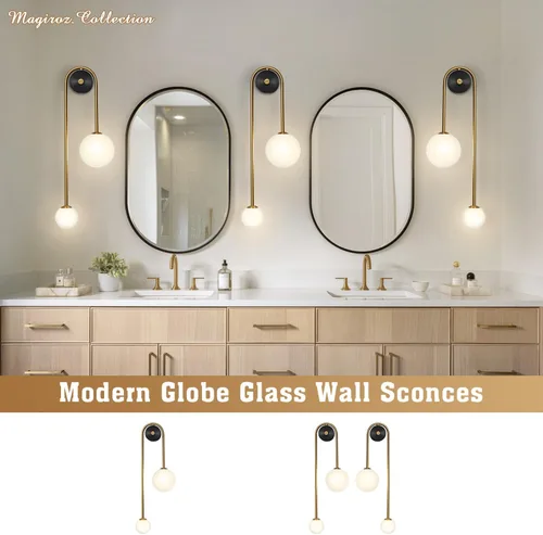 Vista 7 de Lámpara de pared moderna de mediados de siglo con forma de globo para interiores, 2 luces, color negro y dorado, con vidrio de leche, lámparas