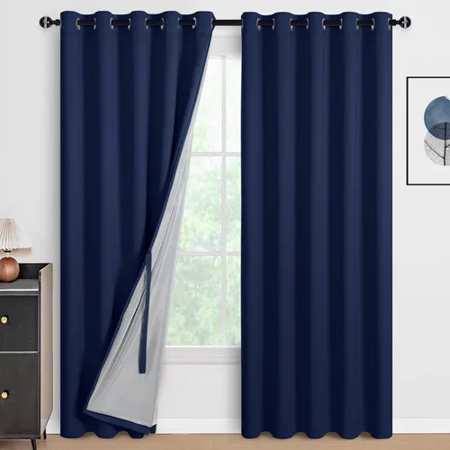 Vista 132 de DWCN - Cortinas 100% opacas para dormitorio con forro negro, cortinas de ventana de doble capa con aislamiento térmico que oscurecen toda la Azul
