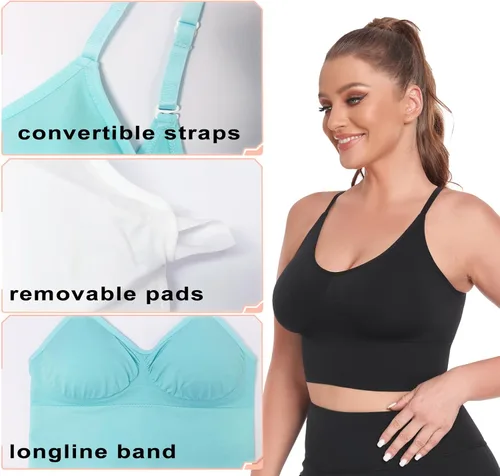 Vista 5 de PRETTYWELL Paquete de 3 sujetadores deportivos para mujer, brasier deportivo acolchado con espalda cruzada, sin costuras, camisetas sin mangas