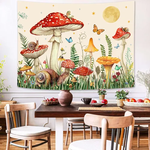Vista 4 de Zussun Tapiz de hongo rojo, tapices de luna y estrella para dormitorio, estética de color beige, noche estrellada, planta verde, tapiz de pared