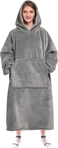 Vista 36 de Waitu - Sudadera tipo manta, para regalar a hombre o mujer, muy cálida y acogedora, gigantesca, con capucha, de gruesa franela, con mangas y un Negro