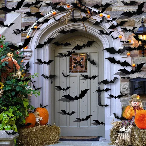 Vista 4 de 120 piezas de decoración de murciélagos de Halloween, calcomanías de murciélago 3D para interiores y exteriores, decoración del hogar, calcomanías