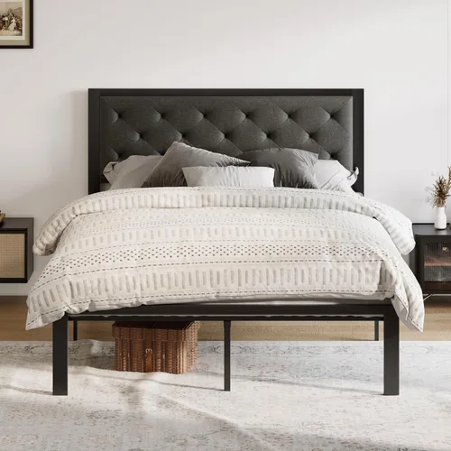 Vista 13 de Allewie Base de cama individual con cabecera tapizada de piel sintética, diseño elegante con costuras de diamante, no necesita somier, color negro