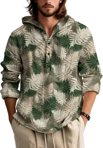 Vista 20 de Sudadera con capucha con estampado bohemio para hombre, de otoño, a la moda, con un cuarto de botón, manga larga, holgada, con capucha, de gran