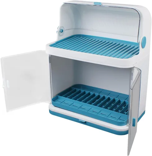 Vista 5 de Escurridor de platos de 2 niveles, escurridor de platos de cocina con cubierta de tapa, soporte pequeño de plástico para utensilios de cocina