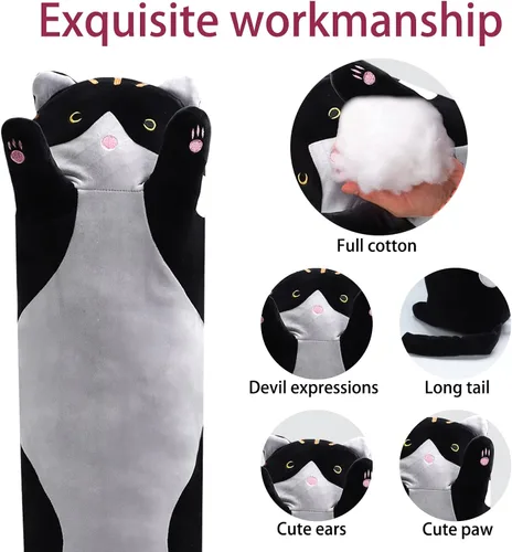 Vista 2 de shangman Bonita muñeca de gato de peluche, bonita almohada de peluche suave de caricaturas, almohada larga para dormir, regalo del día de San Negro