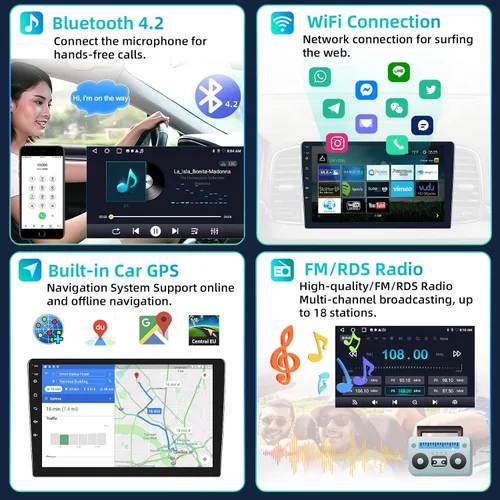 Vista 5 de Podofo Estéreo de auto de doble DIN de 2+32G con Apple Carplay Android Auto inalámbrico de 10.1 pulgadas, pantalla táctil y radio Android