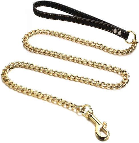 Vista 5 de Correa dorada para perro de 0.433 in, correa de metal resistente para mascotas, correa de cadena de acero inoxidable chapada en oro de 18 quilates