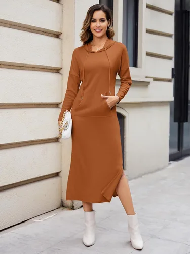 Vista 4 de GIKING Vestido largo con capucha para mujer, manga larga, con capucha, con bolsillos, moda de otoño 2023
