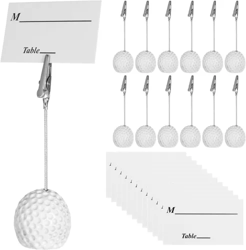 Vista 6 de 12 clips de notas de base de bola, soportes de tarjetas de resina en forma de pelota de golf con clips de cocodrilo, soportes para tarjetas