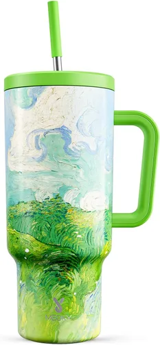 Vista 35 de Meoky - Vaso de 30 oz con asa, tapa y pajilla, taza de viaje térmica de acero inoxidable 100% a prueba de fugas, para portavasos, mantiene el frío