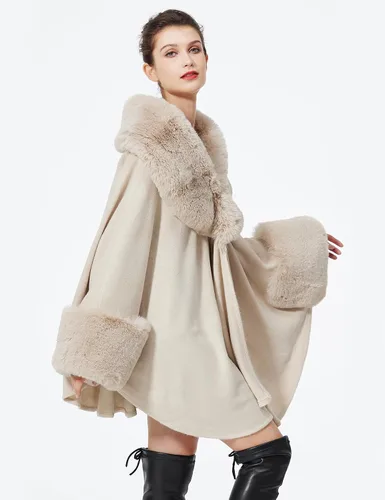 Vista 2 de Poncho de capa para mujer con ribete de piel, chal de piel sintética de invierno, abrigo sin mangas