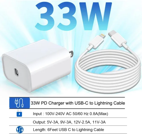 Vista 2 de DABUSTAR Cargador Rápido para iPhone, Bloque Cargador de Pared USB C PD de 33W con [Certificado MFi] Cable Tipo C a Lightning de 6 pies de Carga