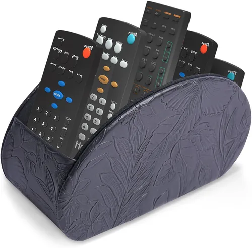 Vista 10 de QIELIZI Soporte para control remoto, organizador de escritorio de piel sintética con 5 compartimentos espaciosos para controles remotos de TV