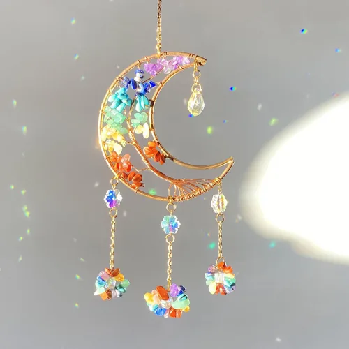 Vista 4 de Atrapasueños de luna con cristal de 7 chakras, atrapasueños, atrapasueños de cristal, arco iris, decoración de buena suerte para ventana, pared