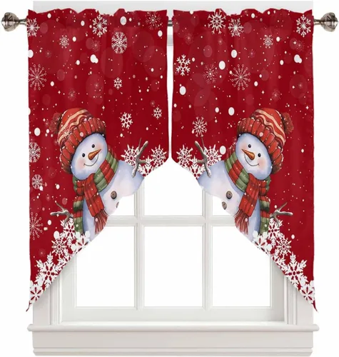 Vista 20 de BEMIGO Cortinas de cocina de Navidad, lindas cortinas de granja con muñeco de nieve azul, cenefa con bolsillo para barra de copos de nieve