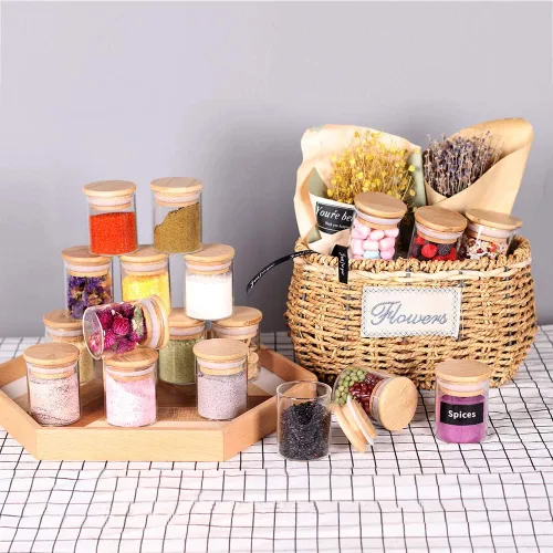 Vista 3 de Tzerotone Juego de tarros de especias, 2.5 onzas, 20 piezas, tarros de vidrio con tapas herméticas de bambú y etiquetas, mini recipientes