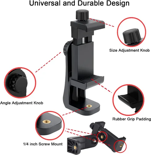 Vista 4 de Adaptador de montaje de trípode para teléfono celular, soporte universal para teléfono, abrazadera ajustable, soporte giratorio de 360 grados, clip