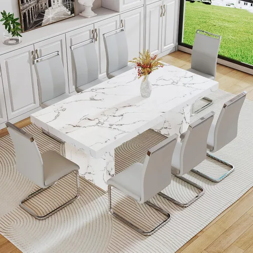 Vista 25 de gopop Mesa de comedor de mármol de 63 pulgadas, tablero de mesa de comedor MDF con patrón de mármol y base para cocina y comedor.
