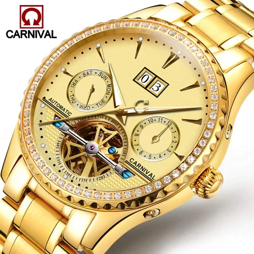 Vista 2 de Mens tourbillon Multifunction Calendar Sapphire Full Gold Automatic Waterproof Watches