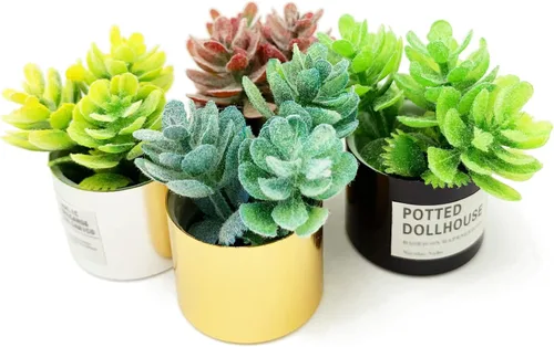 Vista 3 de 4 piezas de plantas en maceta de casa de muñecas en miniatura, pequeños bonsái suculentas artificiales
