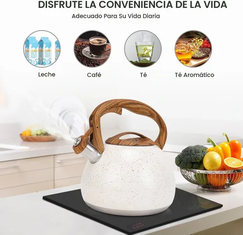 Vista 7 de Tetera, Vegoran Tetera Silbante de 100 OZ / 3 Litros, Teteras para Estufa de Acero Inoxidable Grado Alimenticio con Mango Plegable