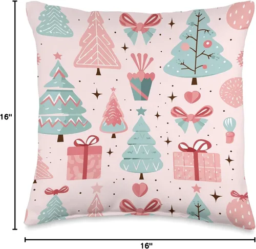Vista 4 de Blush Pink Holiday Cheer Co. Almohada con patrón navideño de árbol de Navidad, color rosa pastel y verde salvia, 16 x 16 pulgadas, multicolor