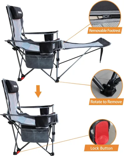 Vista 5 de Silla de camping reclinable con reposapiés extraíble con reposacabezas, cojín de algodón, sillas plegables ajustables y portátiles