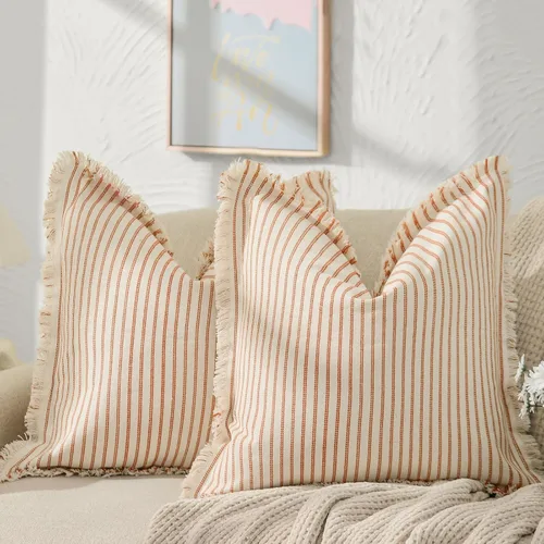 Vista 18 de Fundas de almohada ZWJD de 16 x 16 pulgadas, juego de 2 fundas de almohada a rayas con borlas, fundas de almohada de algodón chic, fundas de cojín