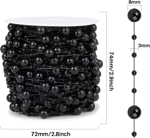 Vista 3 de Cadikez Cadena de 98 pies de cuentas de perlas, rollo de cuentas de perlas de imitación negras de 8 mm y 3 mm a granel para decoración de flores