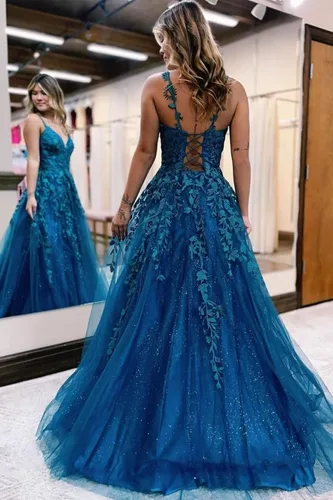 Vista 3 de Vestidos de graduación de tul con purpurina, cuello en V, apliques de encaje, vestidos largos de baile para mujer, vestidos formales de tirantes