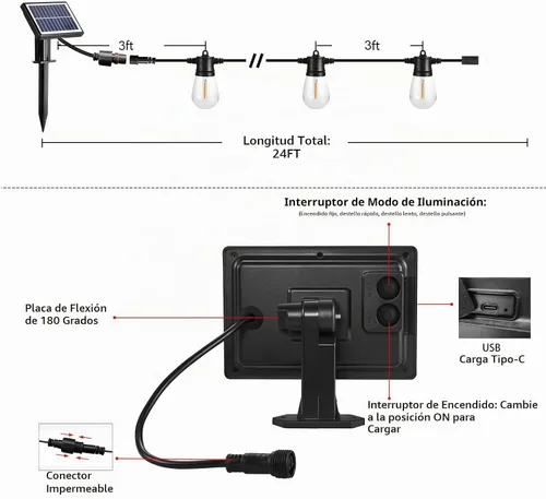 Vista 2 de SUNTHIN - Cadena de luces solares de 24 pies, luces solares recargables por USB para exteriores con bombillas LED impermeables e inastillables