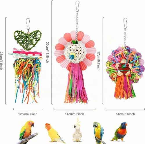 Vista 2 de Juguetes para pájaros, 3 piezas naturales de mazorca de maíz para pájaros masticables, juguetes de forrajeo para loros pequeños y medianos, conures