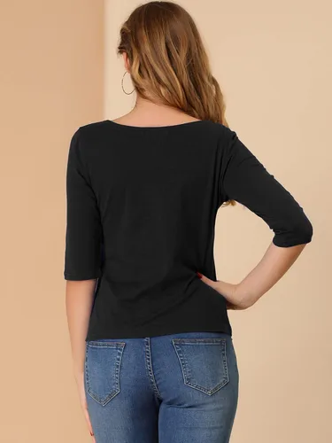 Vista 5 de Allegra K Camiseta ajustada con mangas de codo y cuello redondo para mujer