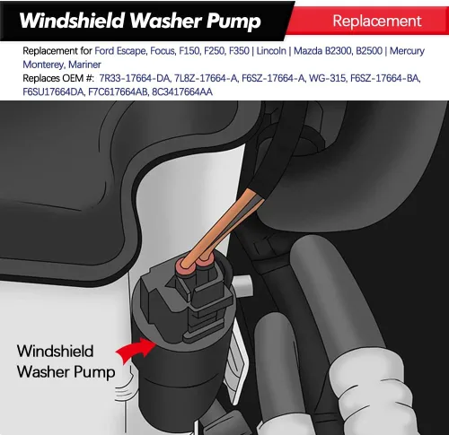 Vista 5 de Bomba de Limpiaparabrisas con Retén de Reemplazo para Ford Escape, Focus, F150, F350, Mazda B2300, B2500 Mercury Monterey, Mariner Reemplaza OEM