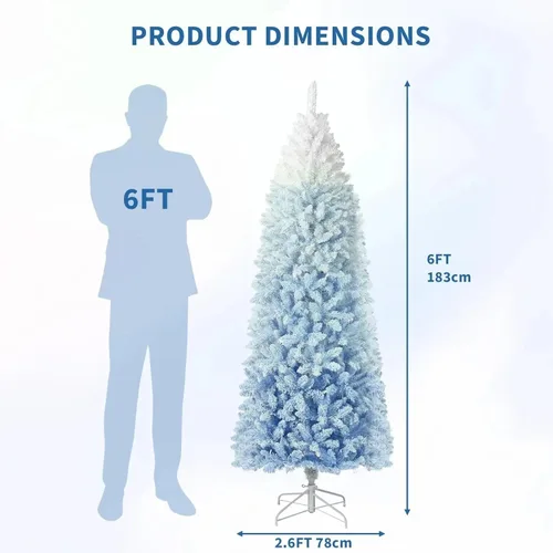Vista 2 de Árbol de Navidad de lápiz flocado de nieve de 6 pies con degradado azul, árbol de Navidad artificial delgado en soporte de metal resistente