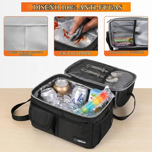 Vista 4 de Opux - Bolsa de almuerzo aislada de doble compartimento para hombres y mujeres Bolsa de almuerzo reutilizable con correa para el hombro, forro