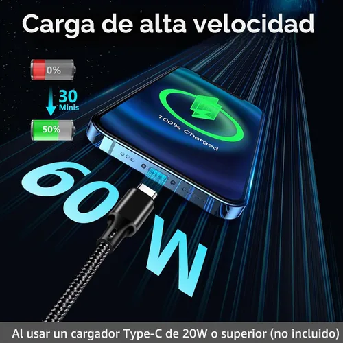 Vista 2 de cugunu Cable USB C a USB C, paquete de 5 cables de carga rápida de 60 W, 3 Negro