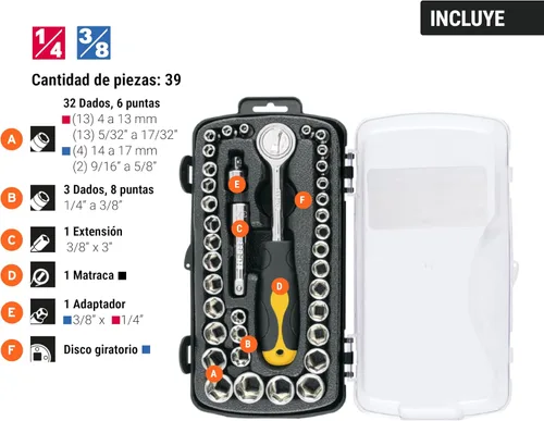 Vista 3 de Dados, Mesa 1/4 y 3/8 ', 39 piezas, Pretul
