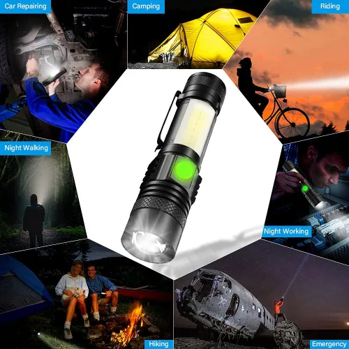 Vista 6 de Linterna recargable por USB, linternas magnéticas LED, linternas tácticas súper brillantes con luz lateral mazorca, impermeable, zoomable, 6 modos
