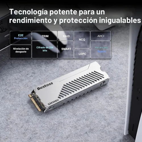 Vista 5 de Bestoss SSD PCIe Gen4 NVMe M.2 2280 de 1 TB con disipador de calor Plateado