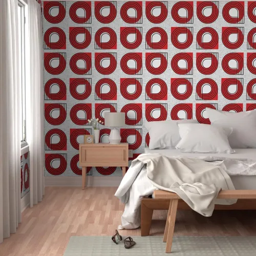 Vista 5 de Muestras de papel tapiz para despegar y pegar, Bauhaus rojo y blanco, moderno, abstracto, geométrico, círculos negros, gráfico, papel tapiz